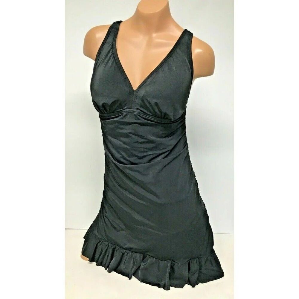 CRYSTAL COVE Mia One Piece Black Swimsuit Dress Size 10C Soft Cup Bra EXC